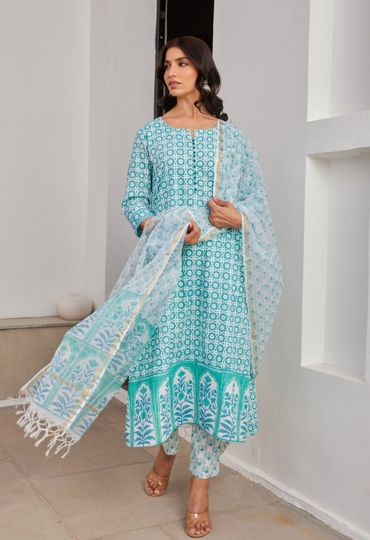 Green Abstract Hand Block Printed Kurta Set with Dupatta - Tara - C - Tara