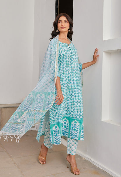 Green Abstract Hand Block Printed Kurta Set with Dupatta - Tara - C - Tara