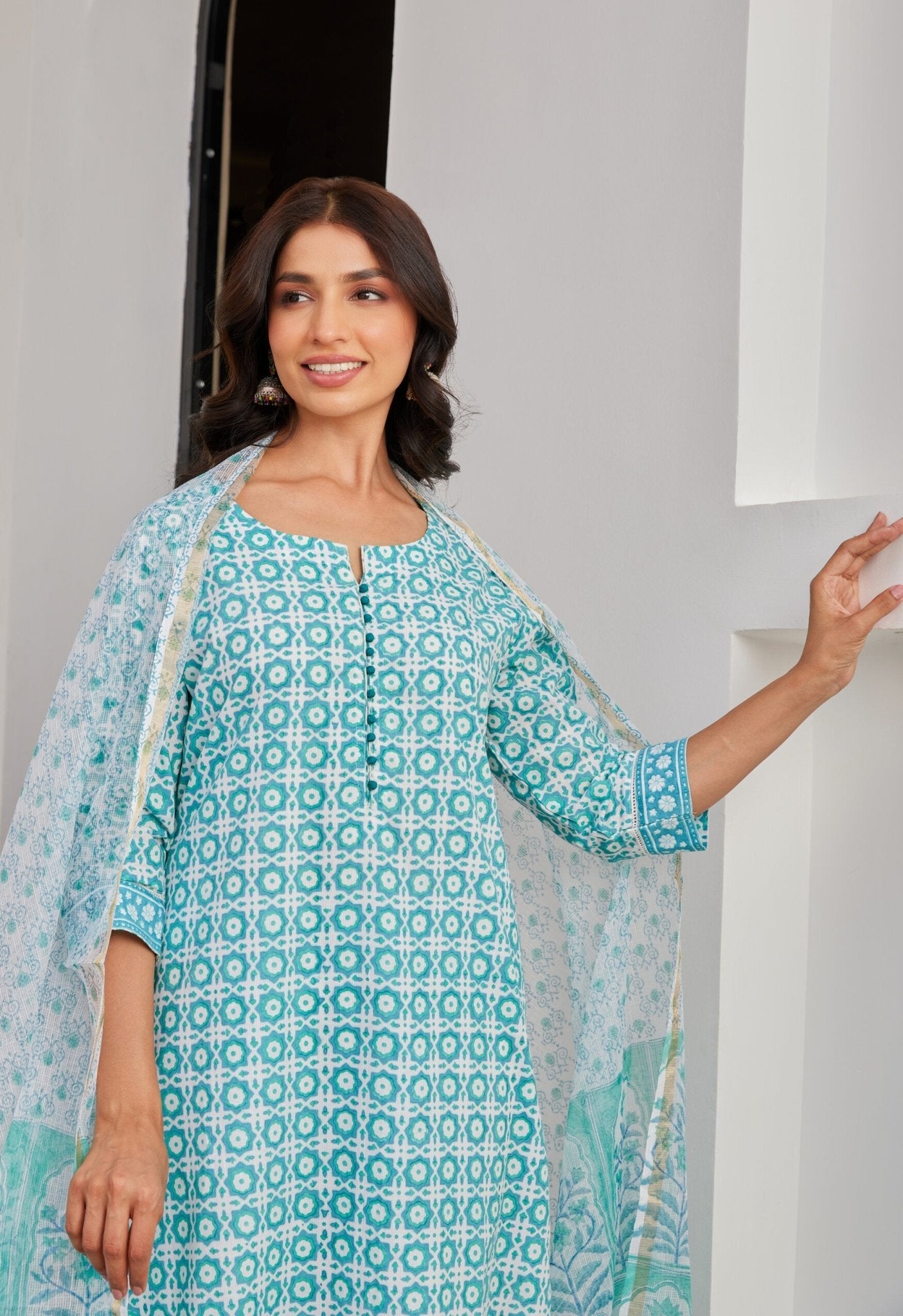 Green Abstract Hand Block Printed Kurta Set with Dupatta - Tara - C - Tara