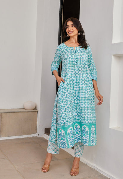 Green Abstract Hand Block Printed Kurta Set with Dupatta - Tara - C - Tara