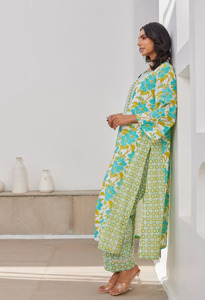 Green Floral Hand Block Printed Kurta Set With Dupatta - Tara - C - Tara