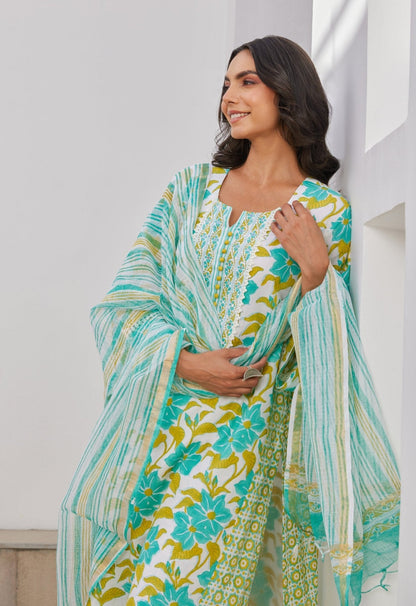 Green Floral Hand Block Printed Kurta Set With Dupatta - Tara - C - Tara