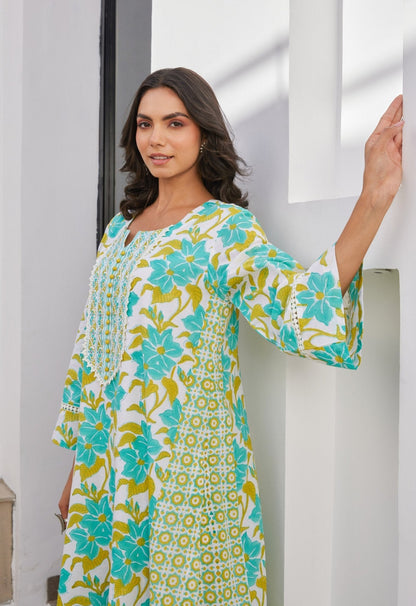 Green Floral Hand Block Printed Kurta Set With Dupatta - Tara - C - Tara