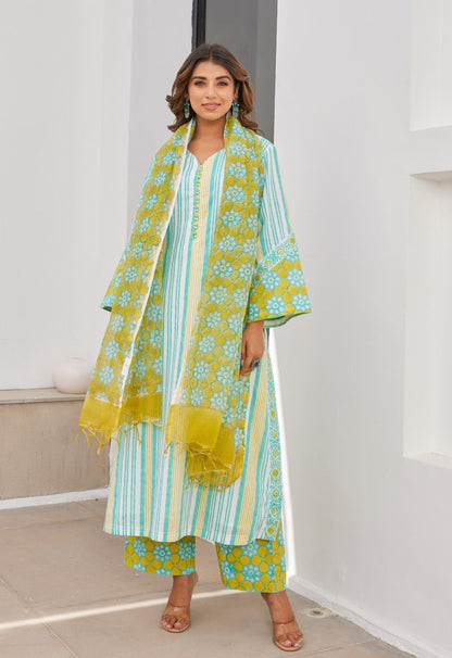 Green Stripper Hand Block Printed Cotton Kurta Set With Dupatta - Tara - C - Tara