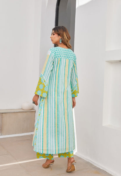 Green Stripper Hand Block Printed Cotton Kurta Set With Dupatta - Tara - C - Tara