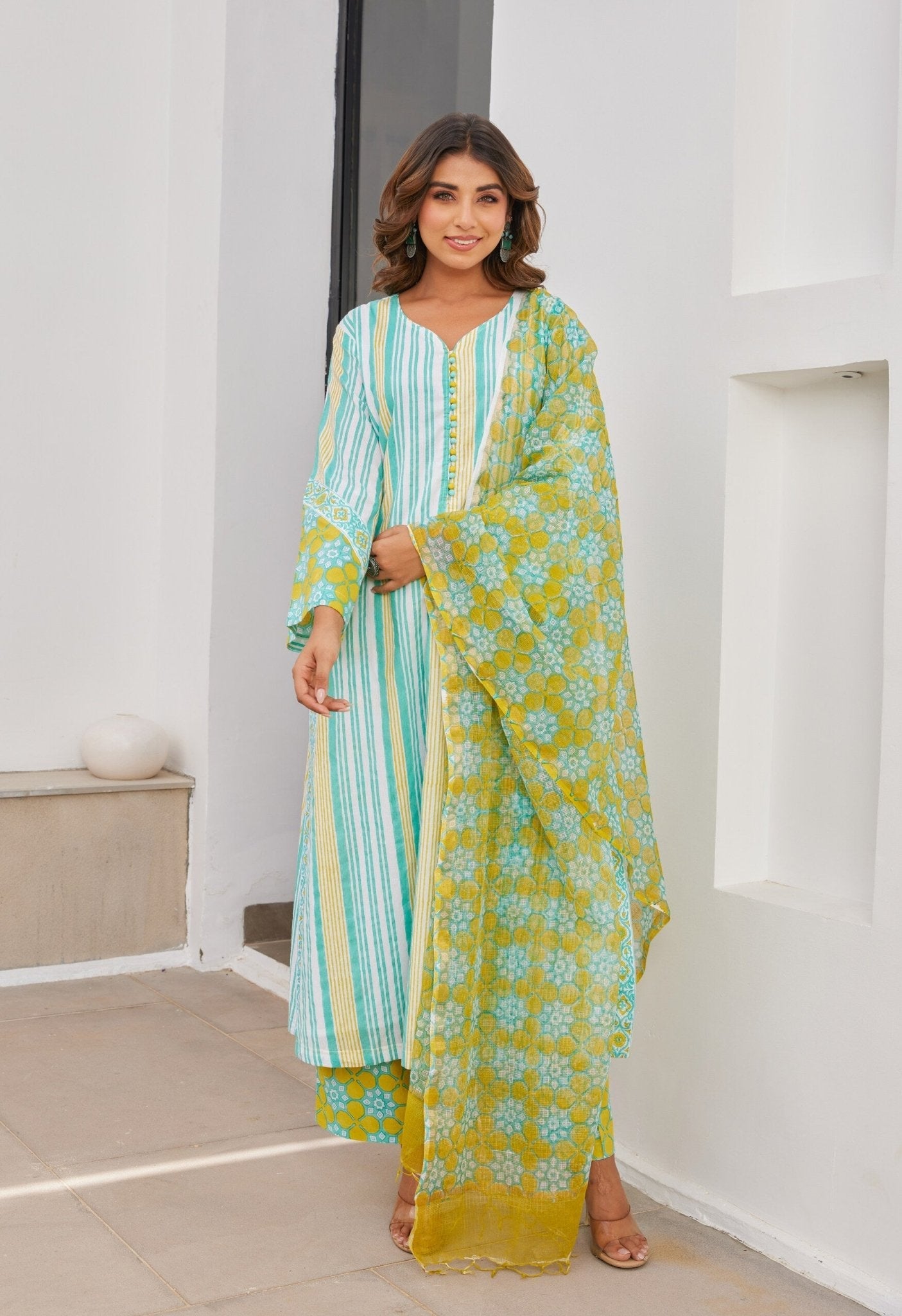 Green Stripper Hand Block Printed Cotton Kurta Set With Dupatta - Tara - C - Tara