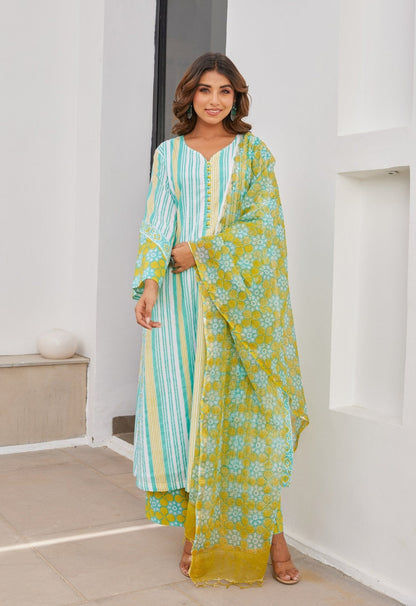 Green Stripper Hand Block Printed Cotton Kurta Set With Dupatta - Tara - C - Tara