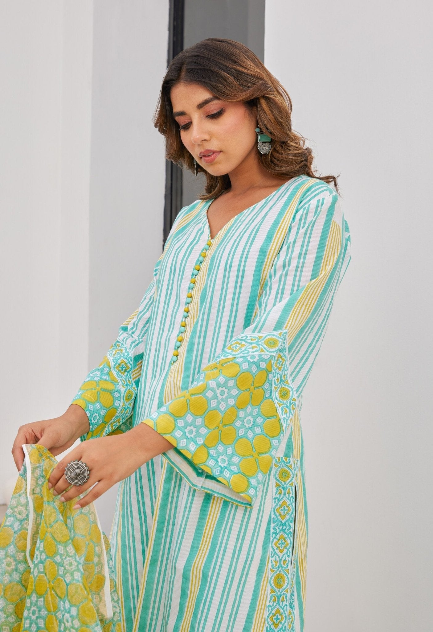 Green Stripper Hand Block Printed Cotton Kurta Set With Dupatta - Tara - C - Tara