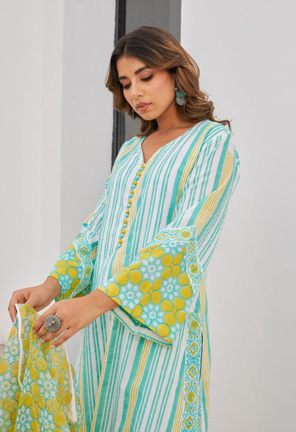 Green Stripper Hand Block Printed Cotton Kurta Set With Dupatta - Tara - C - Tara