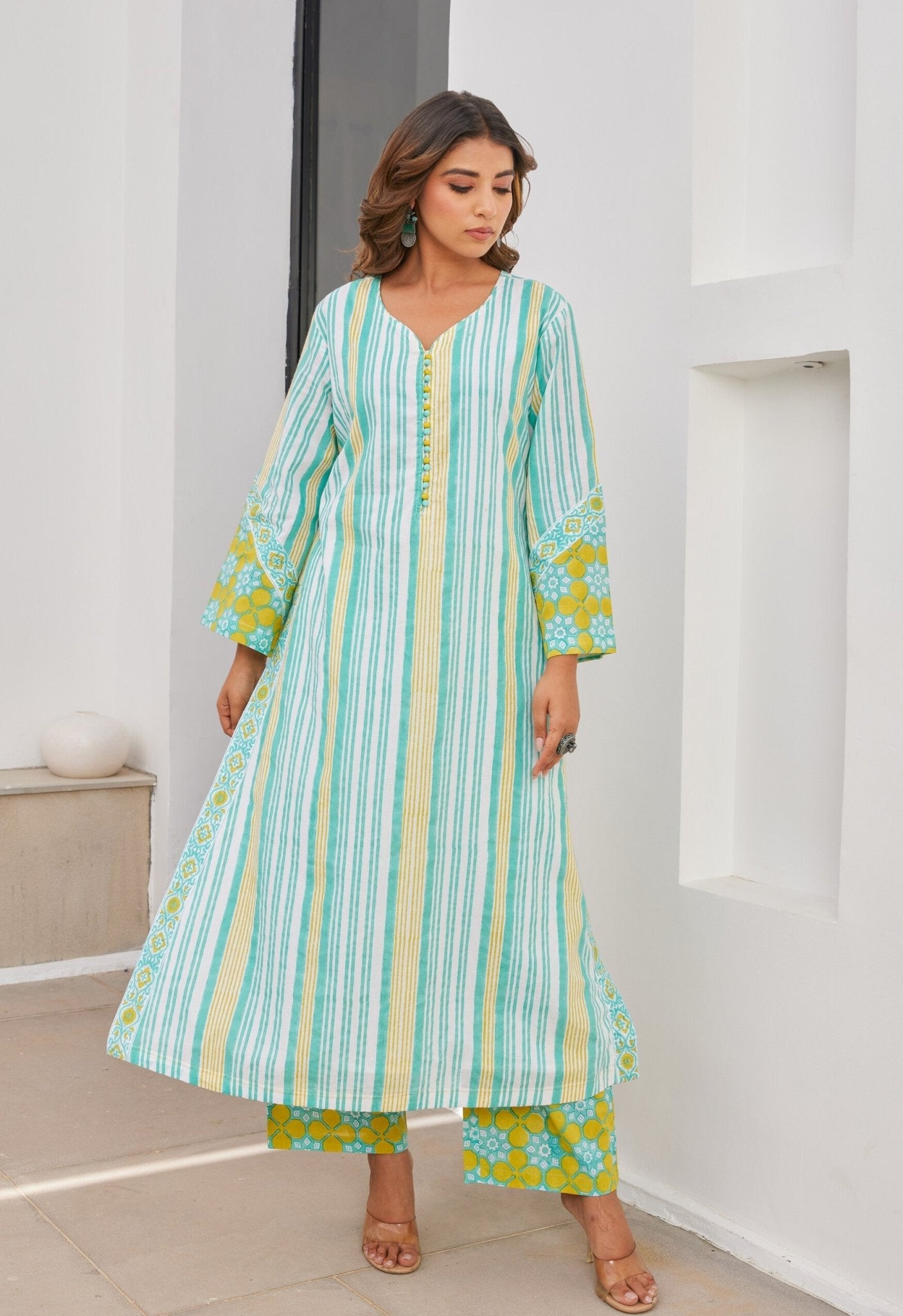 Green Stripper Hand Block Printed Cotton Kurta Set With Dupatta - Tara - C - Tara