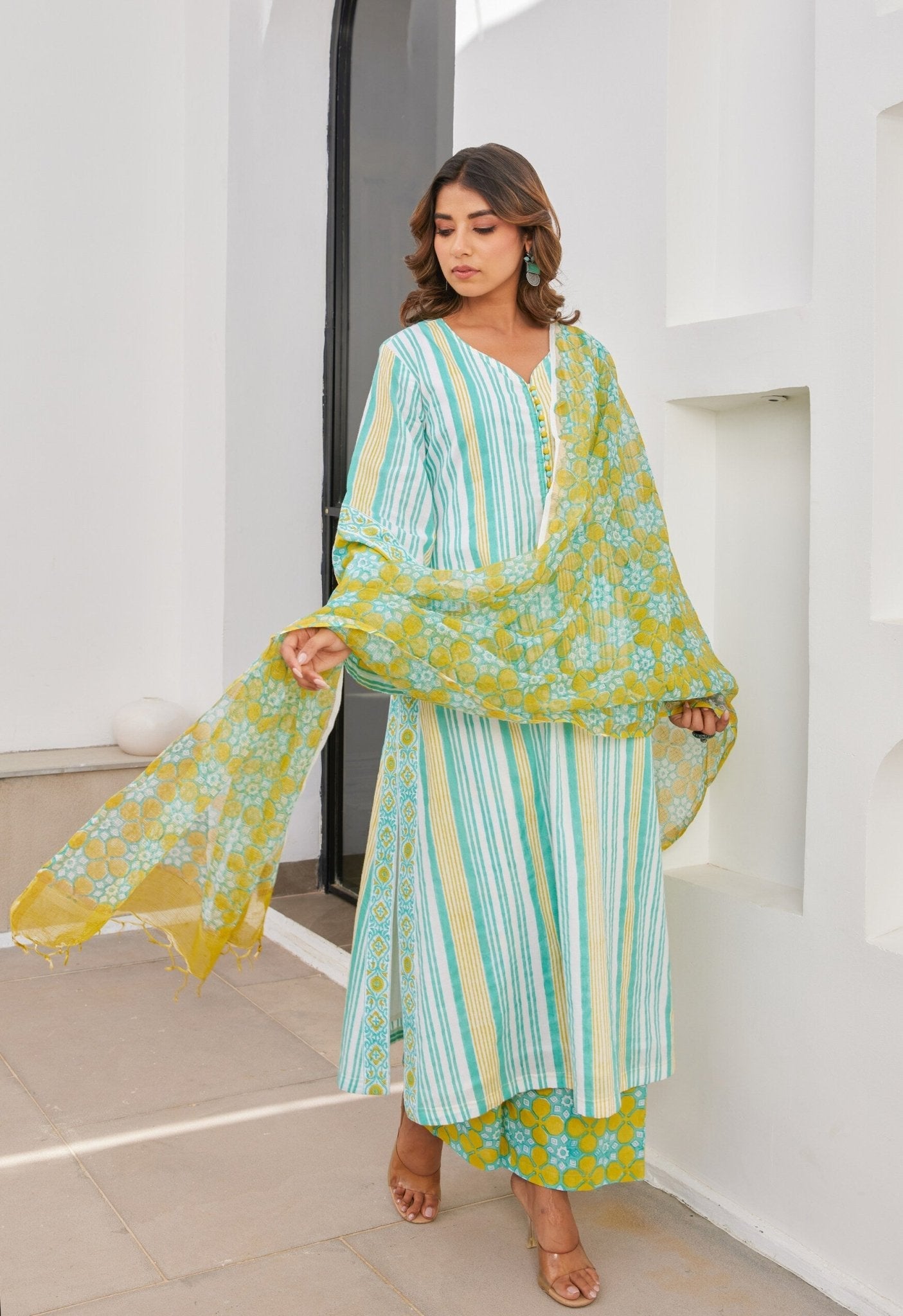 Green Stripper Hand Block Printed Cotton Kurta Set With Dupatta - Tara - C - Tara