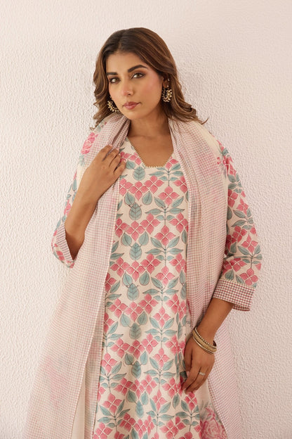 Ivory Chanderi Hand block Printed Suit Set With Dupatta - Tara - C - Tara