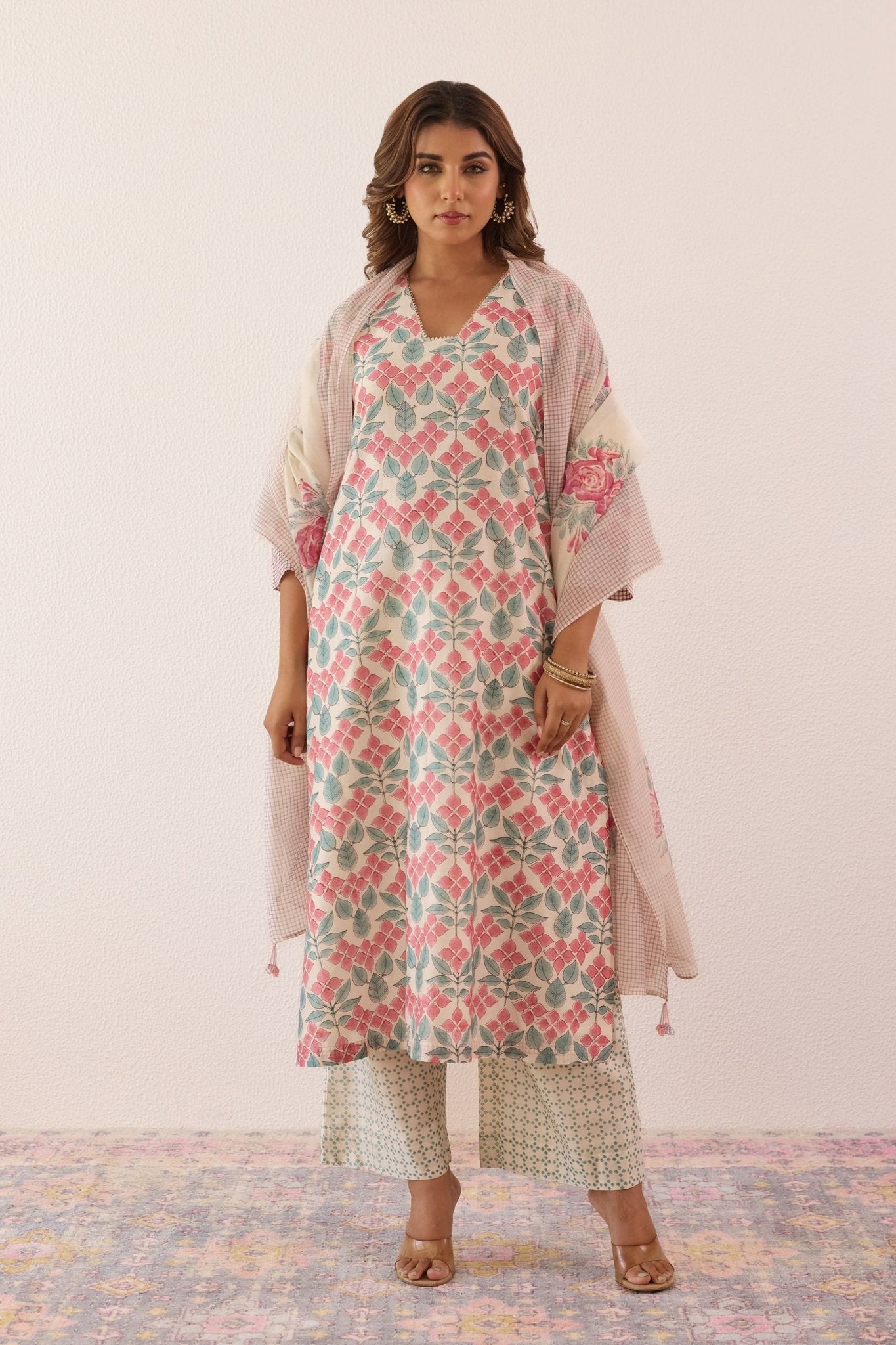 Ivory Chanderi Hand block Printed Suit Set With Dupatta - Tara - C - Tara