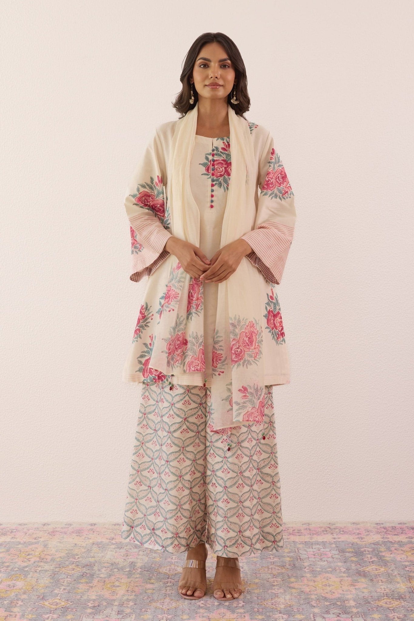 Ivory Hand Block printed Chanderi Coord Set - Tara - C - Tara