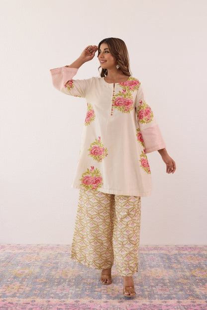 Ivory Hand Block printed Chanderi Coord Set - Tara - C - Tara