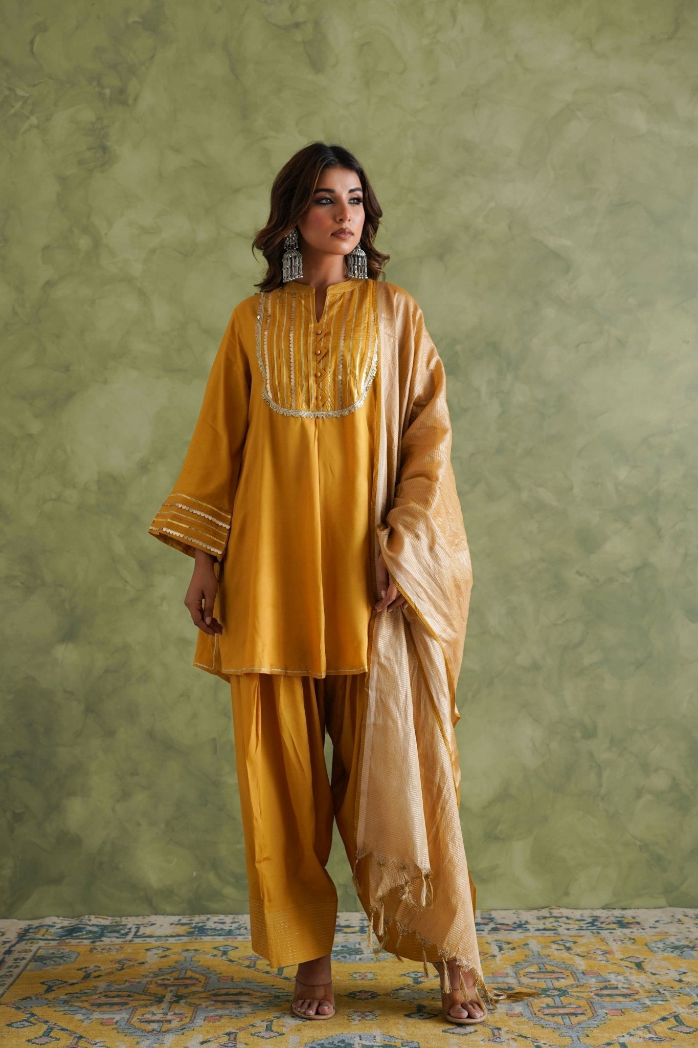 Mustard Yellow Farshi Salwar Suit Set With Dupatta - Tara - C - Tara