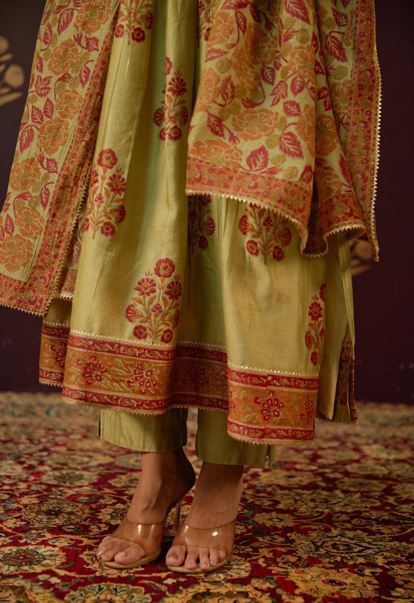 Olive Green Chanderi Hand Block Printed Suit Set With Dupatta - Tara - C - Tara