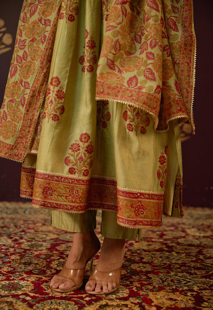 Olive Green Chanderi Hand Block Printed Suit Set With Dupatta - Tara - C - Tara