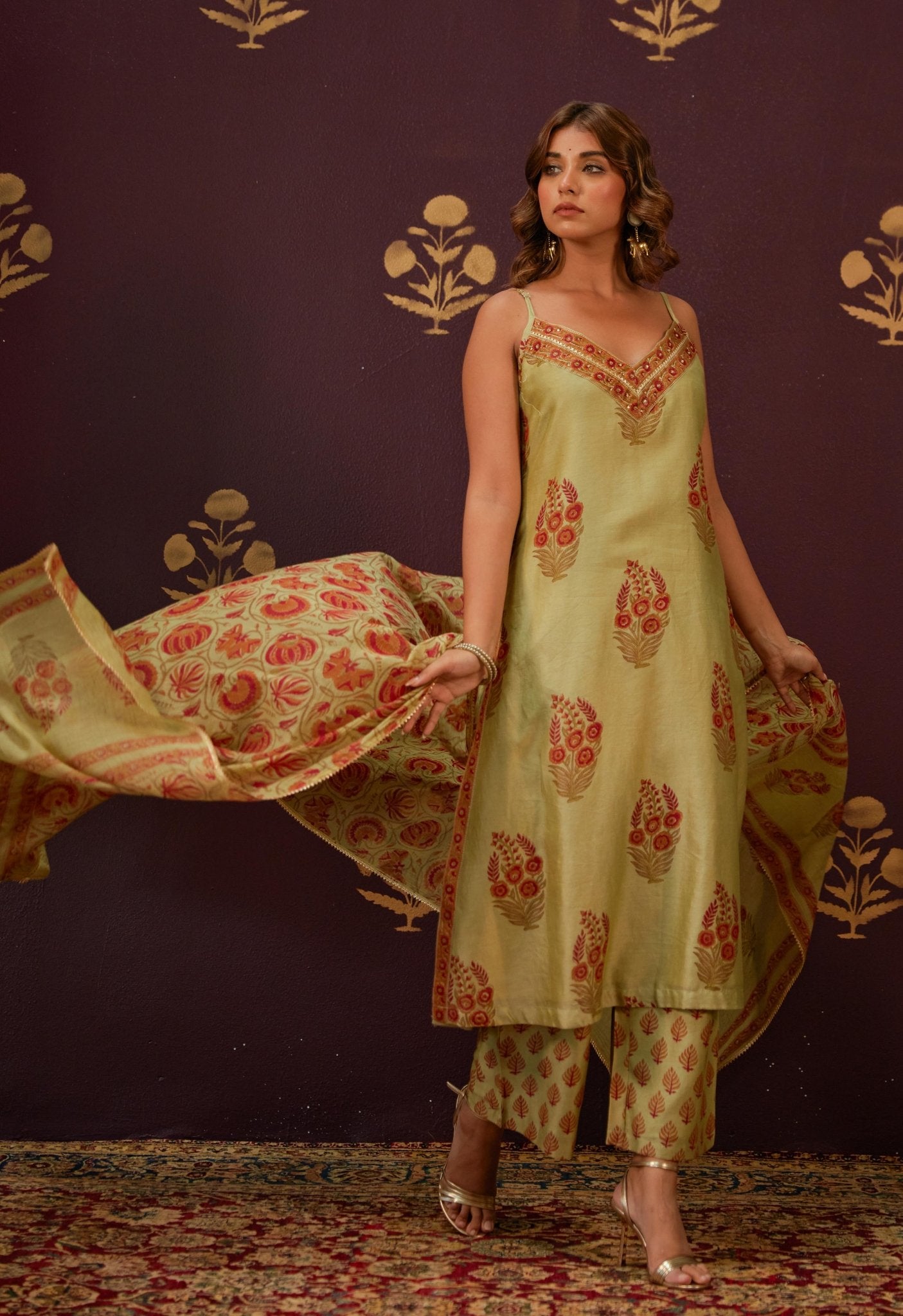 Olive Green Chanderi Hand Block Printed Suit Set With Dupatta - Tara - C - Tara