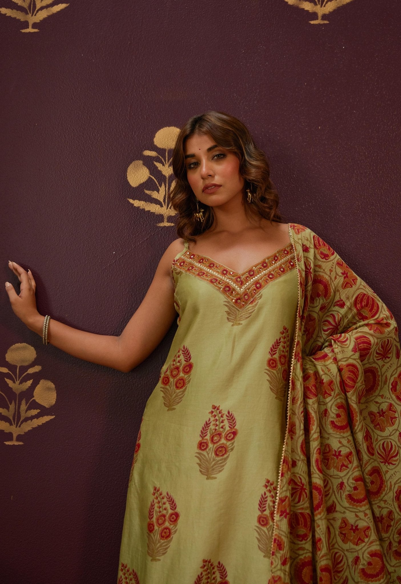 Olive Green Chanderi Hand Block Printed Suit Set With Dupatta - Tara - C - Tara