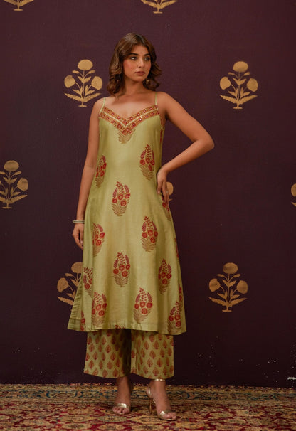 Olive Green Chanderi Hand Block Printed Suit Set With Dupatta - Tara - C - Tara