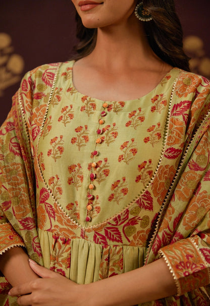 Olive Green Chanderi Hand Block Printed Suit Set With Dupatta - Tara - C - Tara