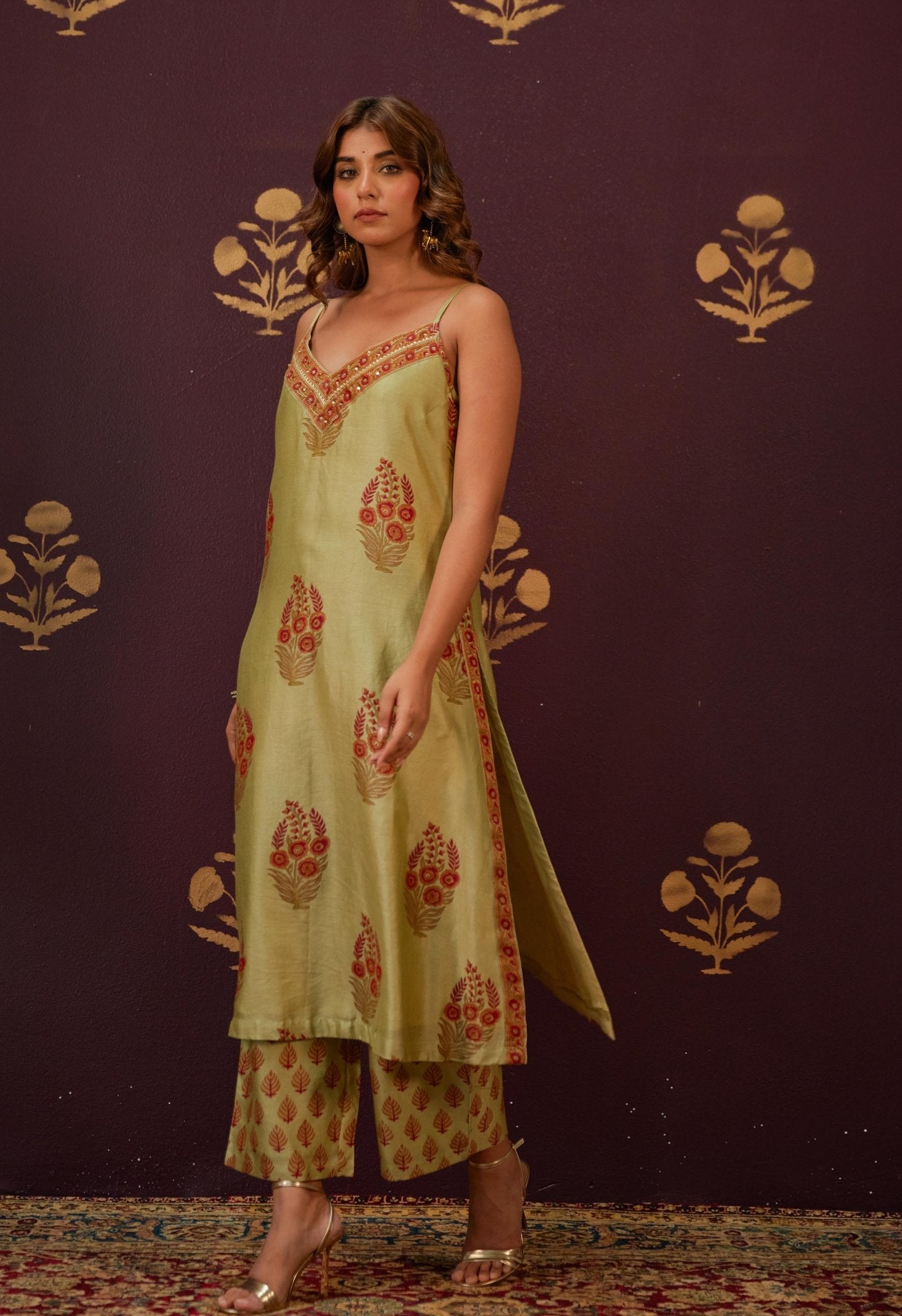 Olive Green Chanderi Hand Block Printed Suit Set With Dupatta - Tara - C - Tara