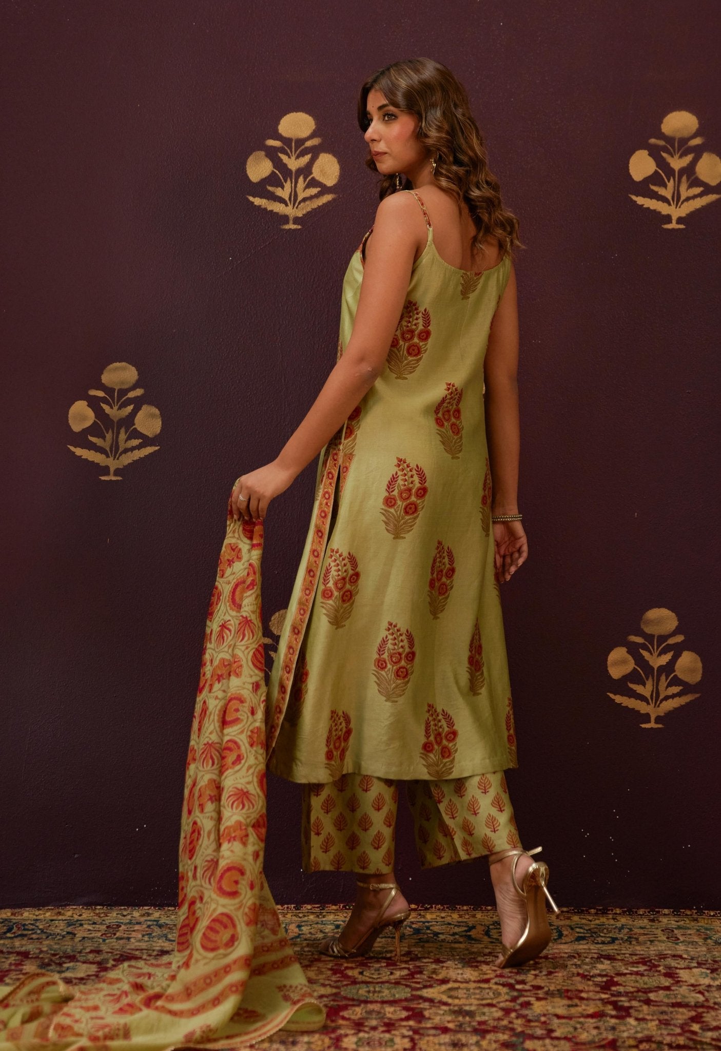 Olive Green Chanderi Hand Block Printed Suit Set With Dupatta - Tara - C - Tara