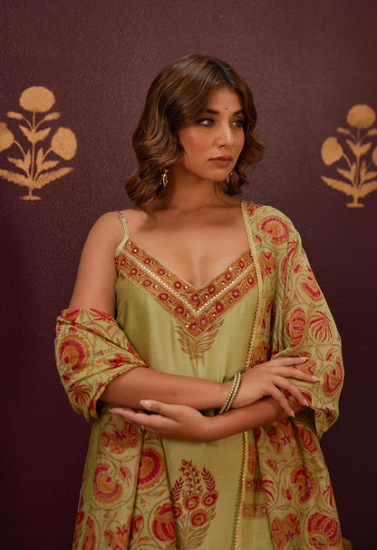 Olive Green Chanderi Hand Block Printed Suit Set With Dupatta - Tara - C - Tara