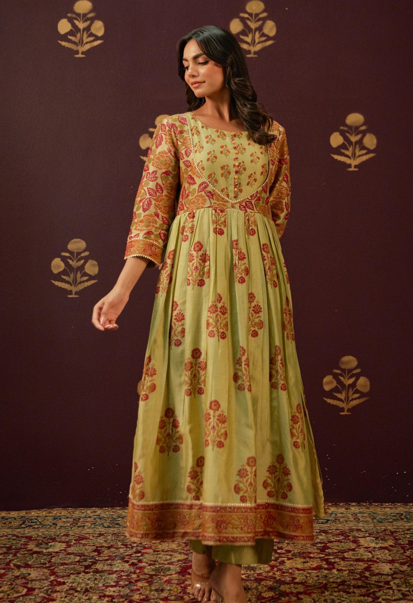 Olive Green Chanderi Hand Block Printed Suit Set With Dupatta - Tara - C - Tara