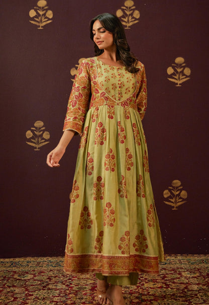 Olive Green Chanderi Hand Block Printed Suit Set With Dupatta - Tara - C - Tara