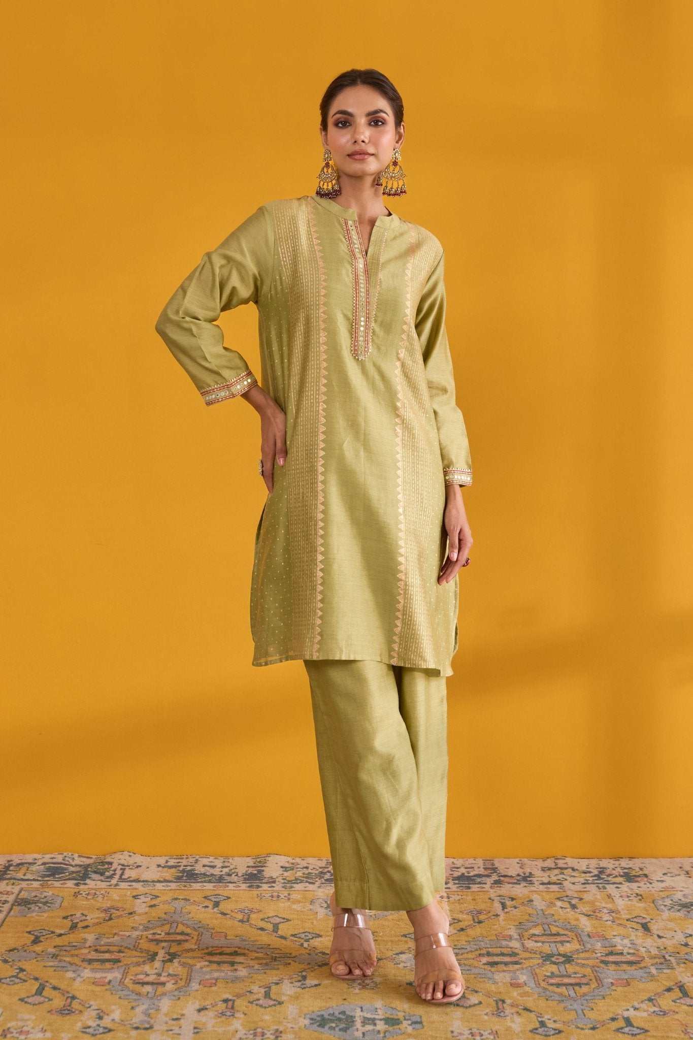 Olive Green Hand Block Printed Chanderi Coord Set - Tara - C - Tara