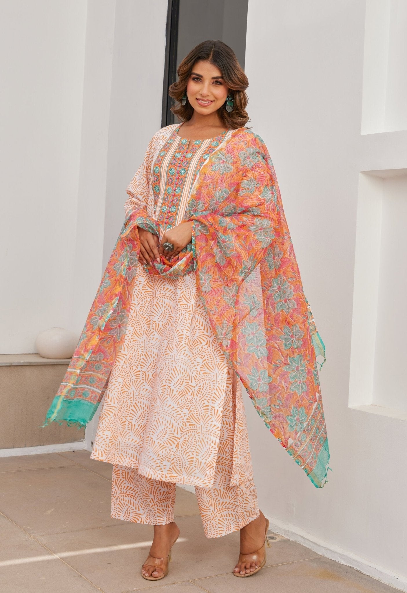 Orange Cotton hand block Printed Kurta Set With Dupatta - Tara - C - Tara