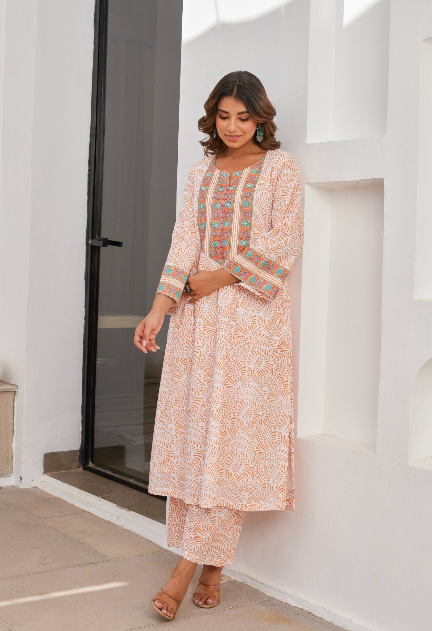 Orange Cotton hand block Printed Kurta Set With Dupatta - Tara - C - Tara