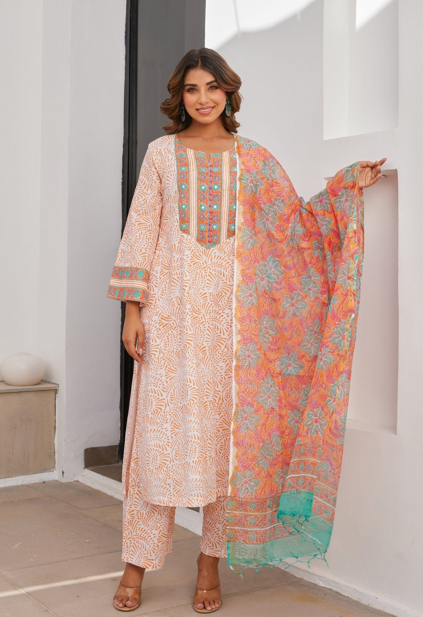 Orange Cotton hand block Printed Kurta Set With Dupatta - Tara - C - Tara