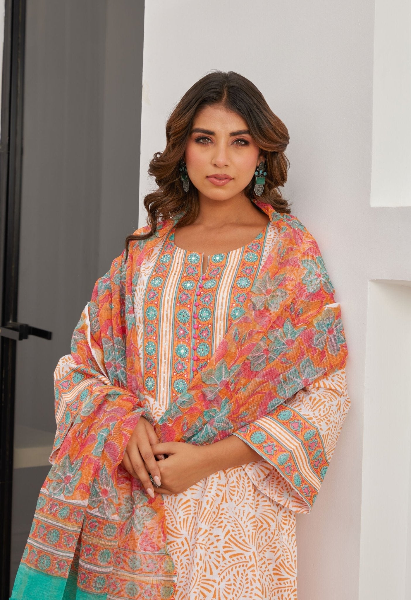 Orange Cotton hand block Printed Kurta Set With Dupatta - Tara - C - Tara