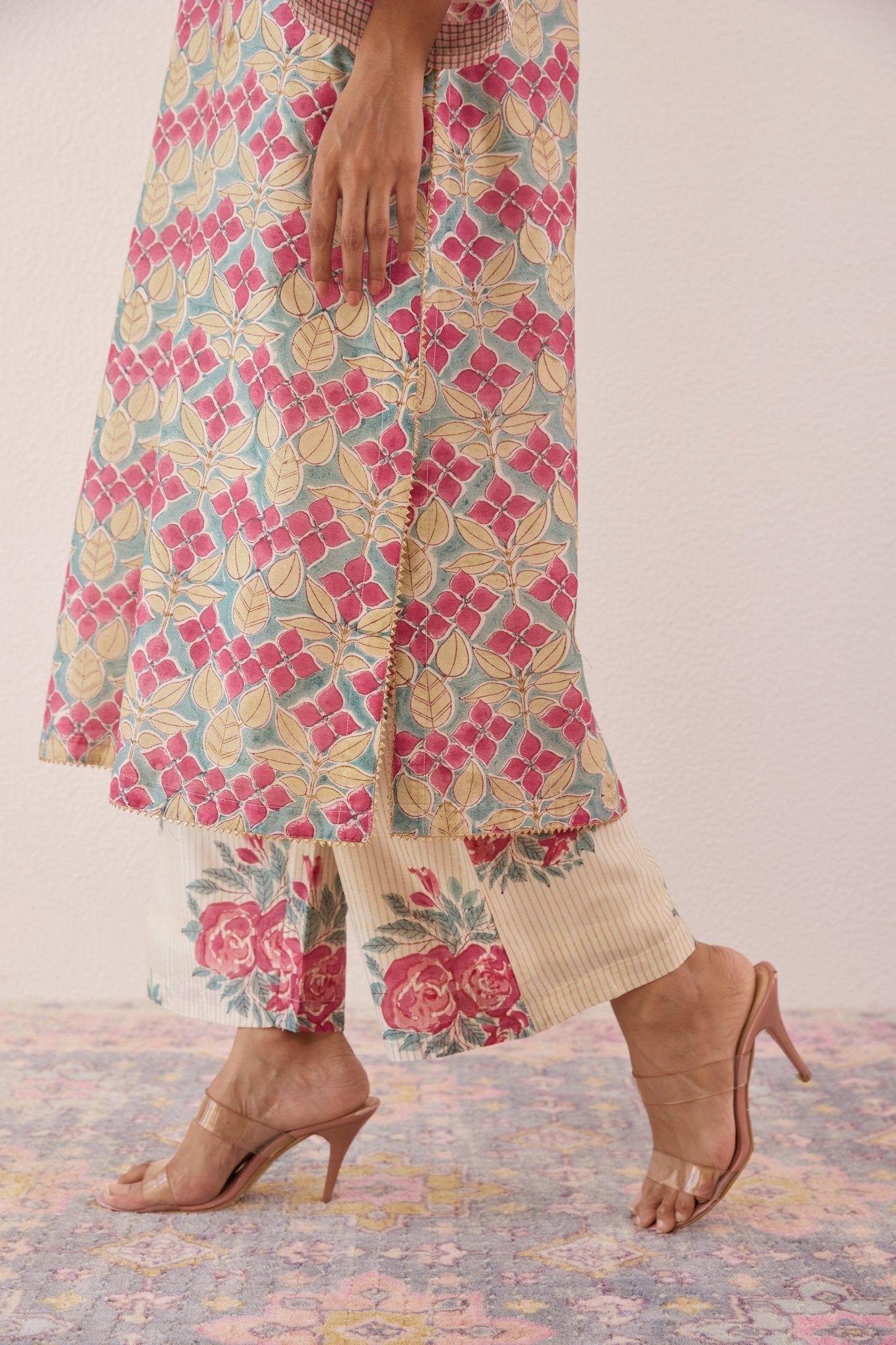 Pastel Blue Chanderi Hand block Printed Suit Set With Dupatta - Tara - C - Tara