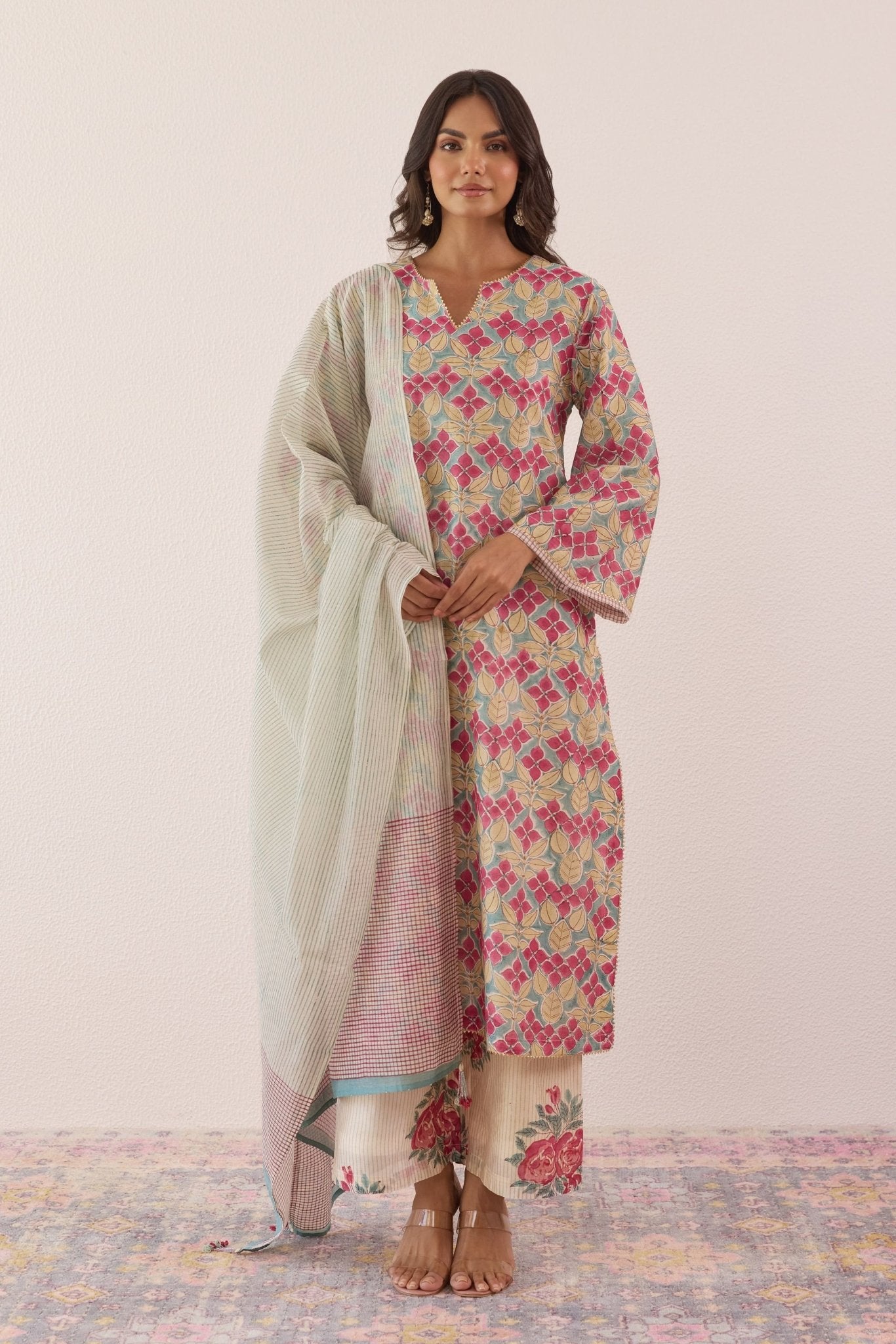 Pastel Blue Chanderi Hand block Printed Suit Set With Dupatta - Tara - C - Tara