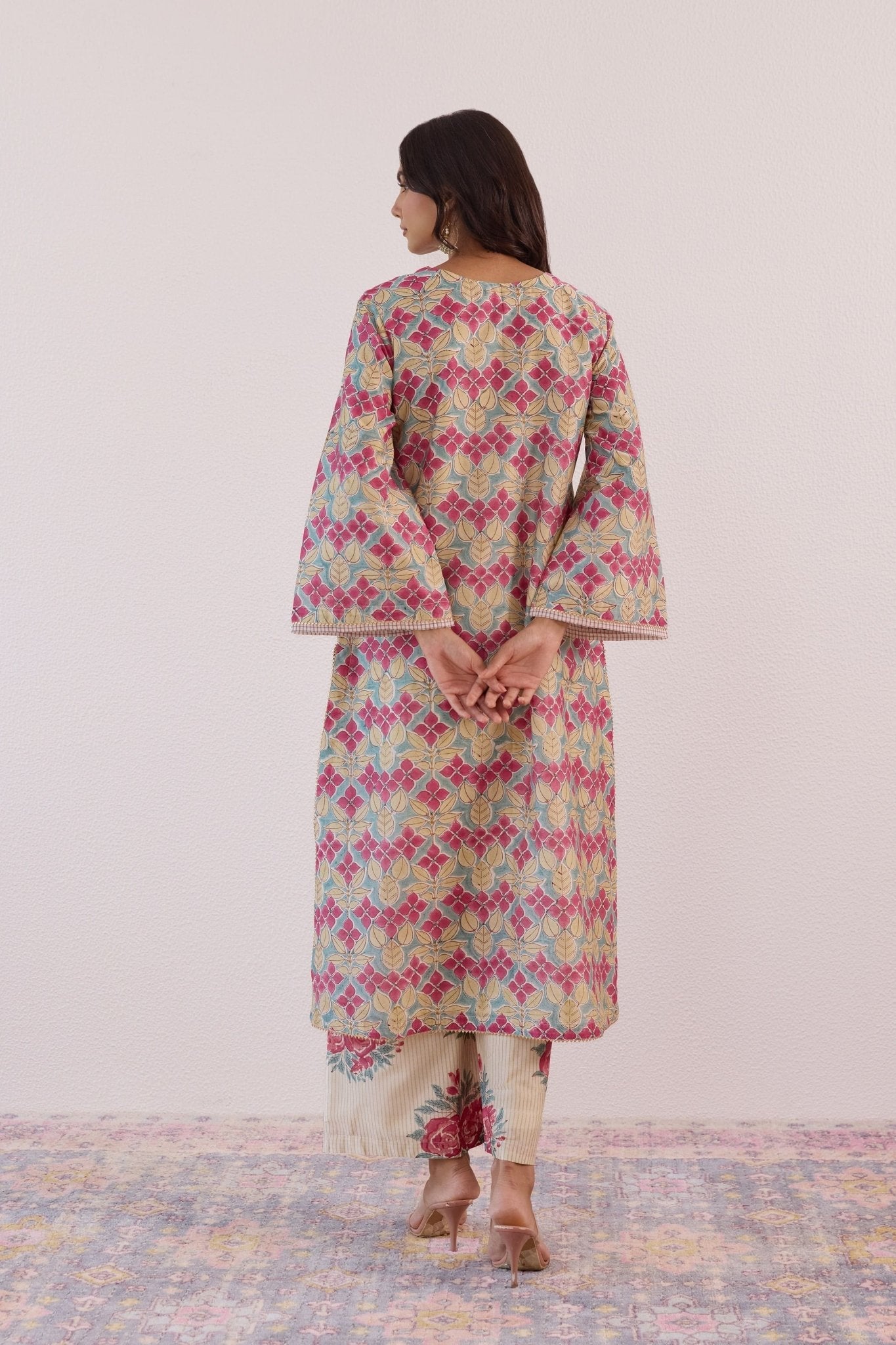 Pastel Blue Chanderi Hand block Printed Suit Set With Dupatta - Tara - C - Tara