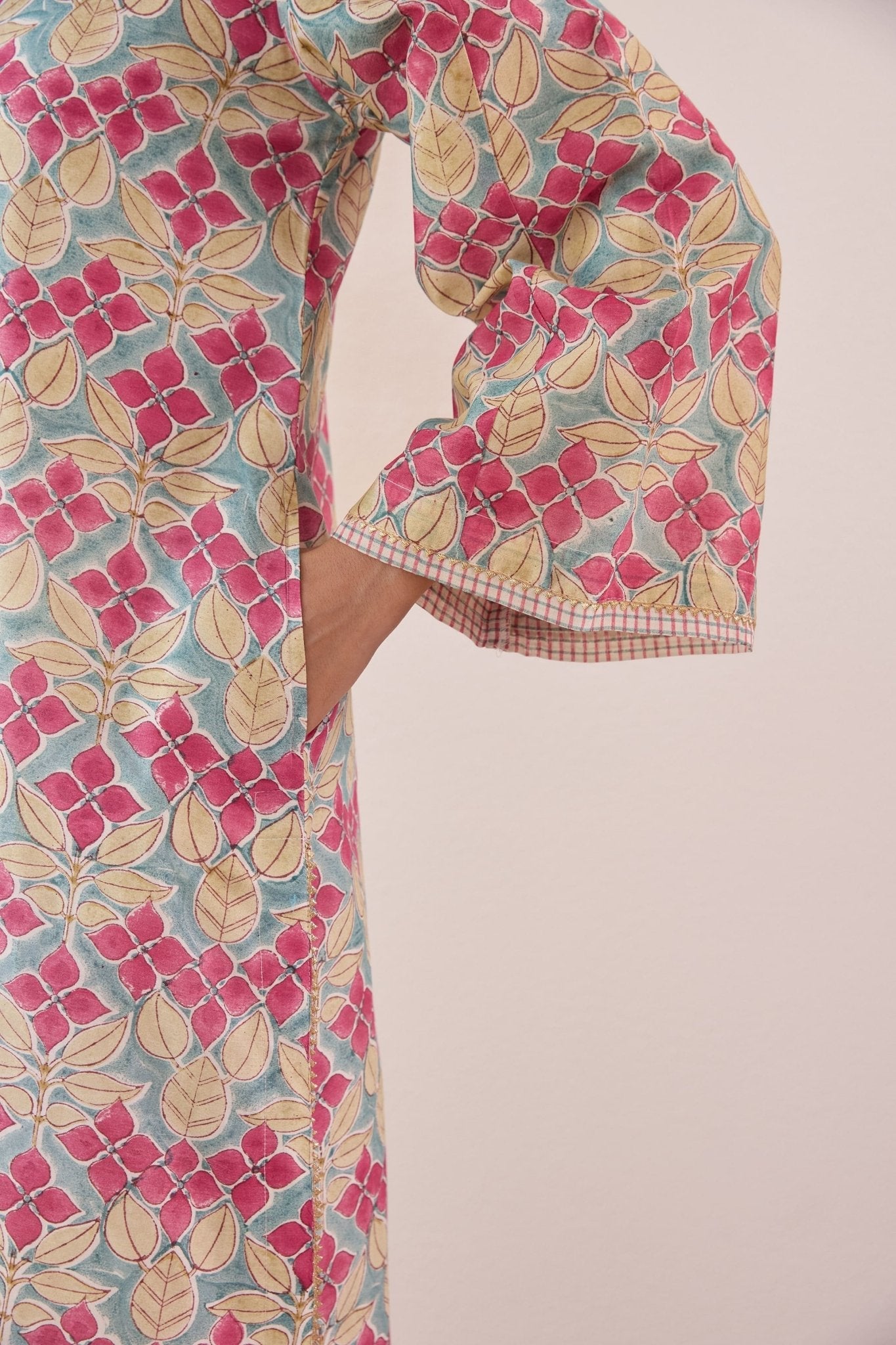 Pastel Blue Chanderi Hand block Printed Suit Set With Dupatta - Tara - C - Tara