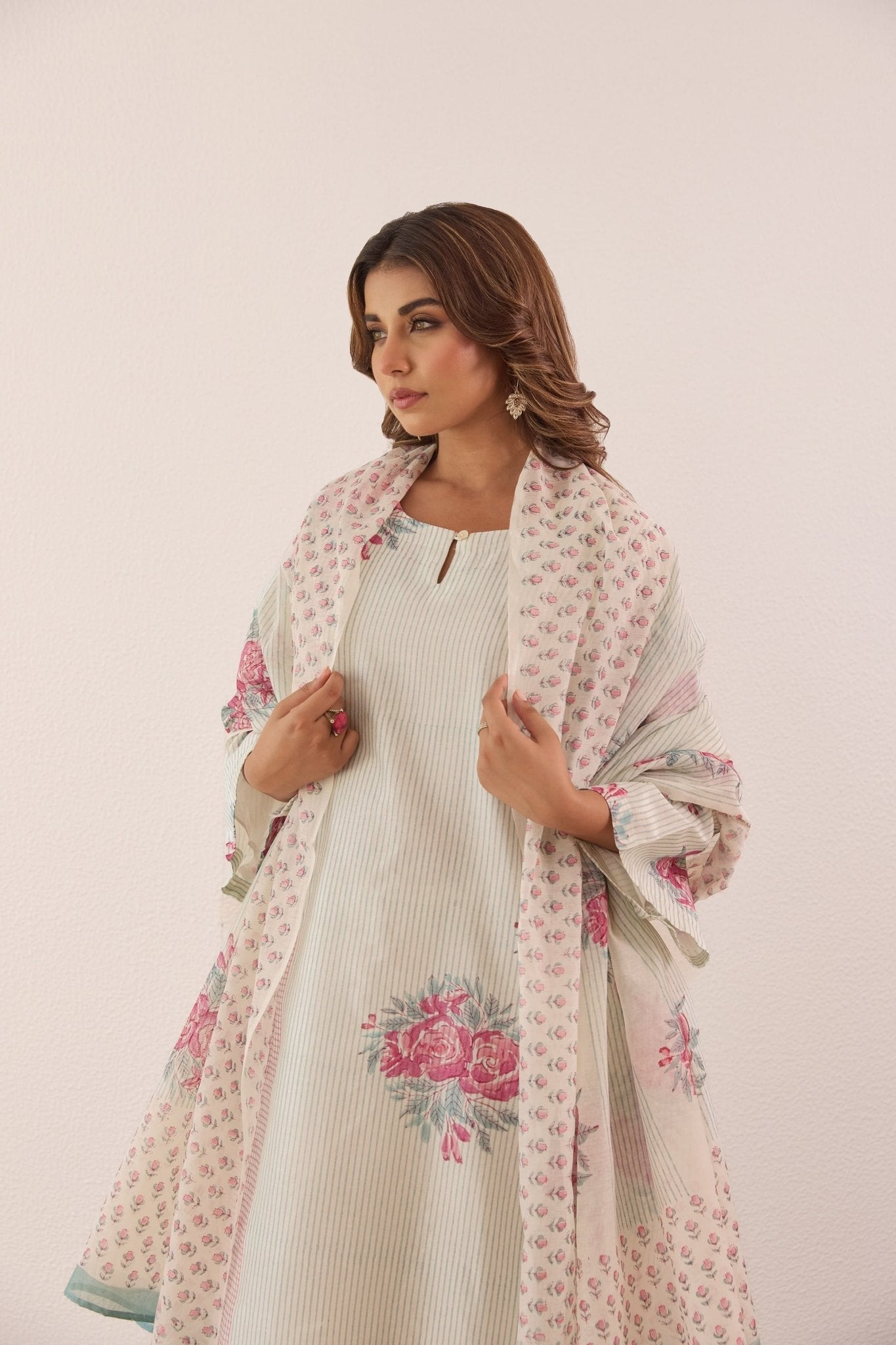 Pastel Blue Hand Block Printed Chanderi Floral Kurta Set With Dupatta - Tara - C - Tara