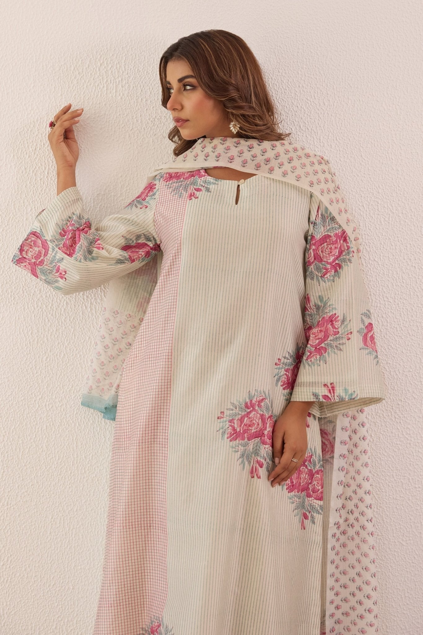 Pastel Blue Hand Block Printed Chanderi Floral Kurta Set With Dupatta - Tara - C - Tara