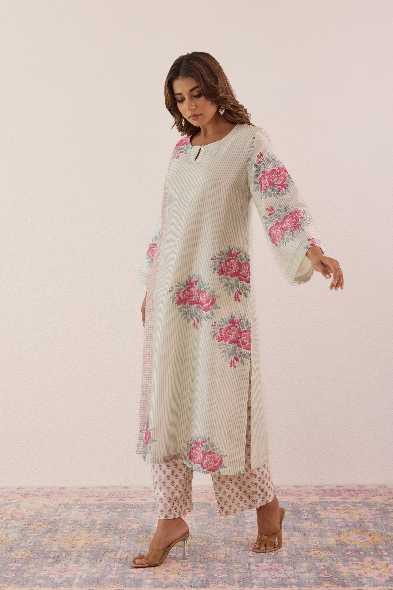 Pastel Blue Hand Block Printed Chanderi Floral Kurta Set With Dupatta - Tara - C - Tara