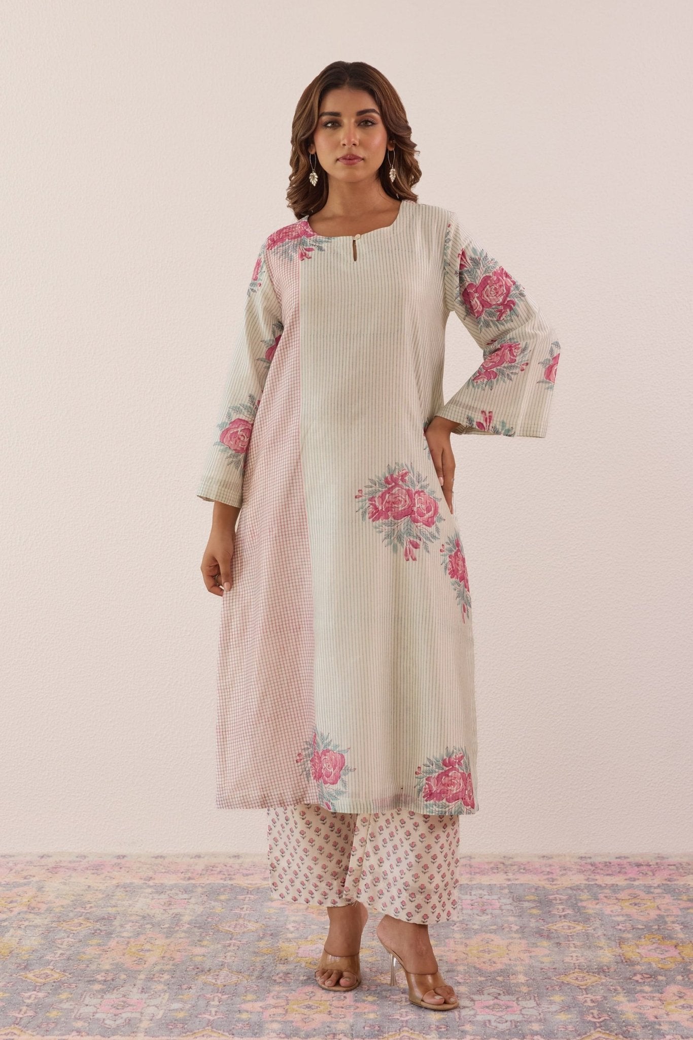 Pastel Blue Hand Block Printed Chanderi Floral Kurta Set With Dupatta - Tara - C - Tara