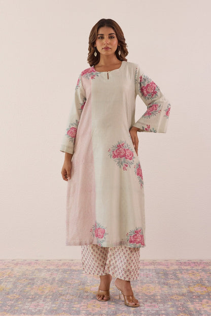Pastel Blue Hand Block Printed Chanderi Floral Kurta Set With Dupatta - Tara - C - Tara