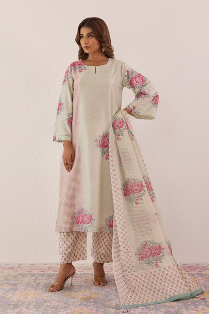 Pastel Blue Hand Block Printed Chanderi Floral Kurta Set With Dupatta - Tara - C - Tara