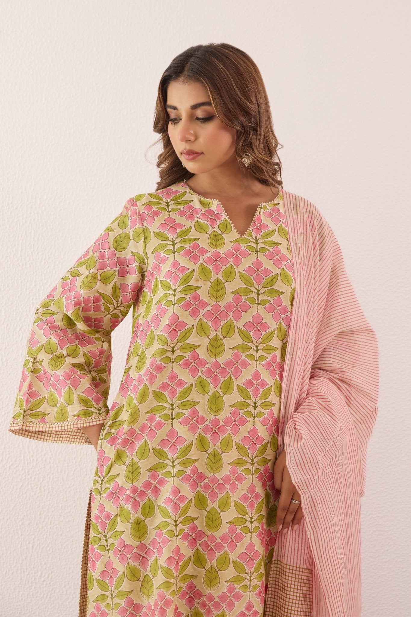 Pastel Green Chanderi Hand block Printed Suit Set With Dupatta - Tara - C - Tara