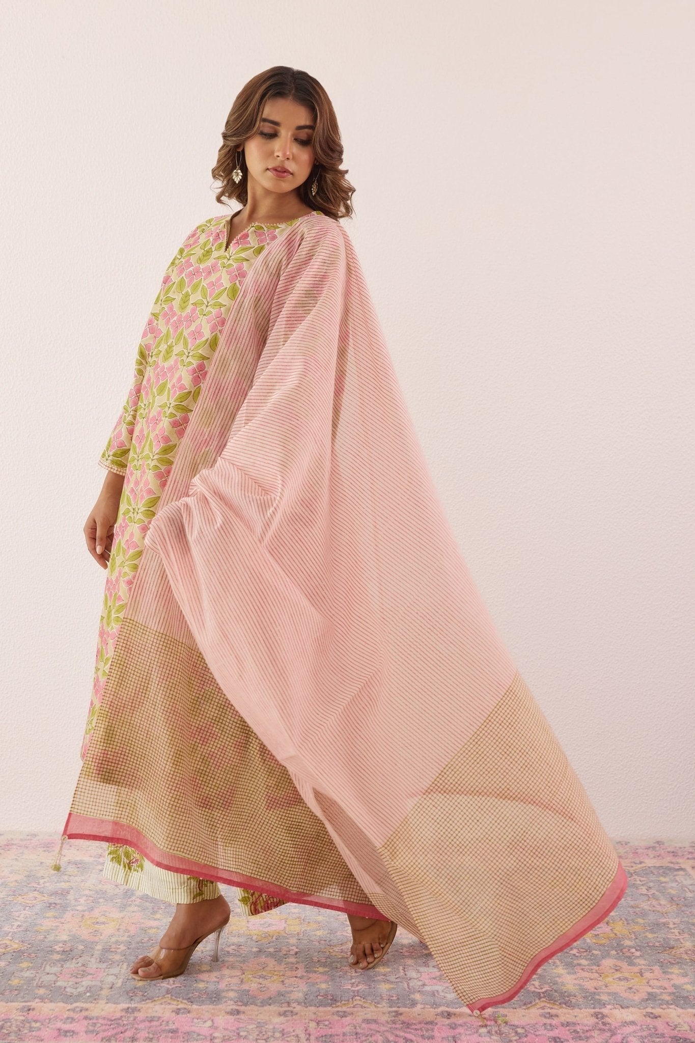 Pastel Green Chanderi Hand block Printed Suit Set With Dupatta - Tara - C - Tara