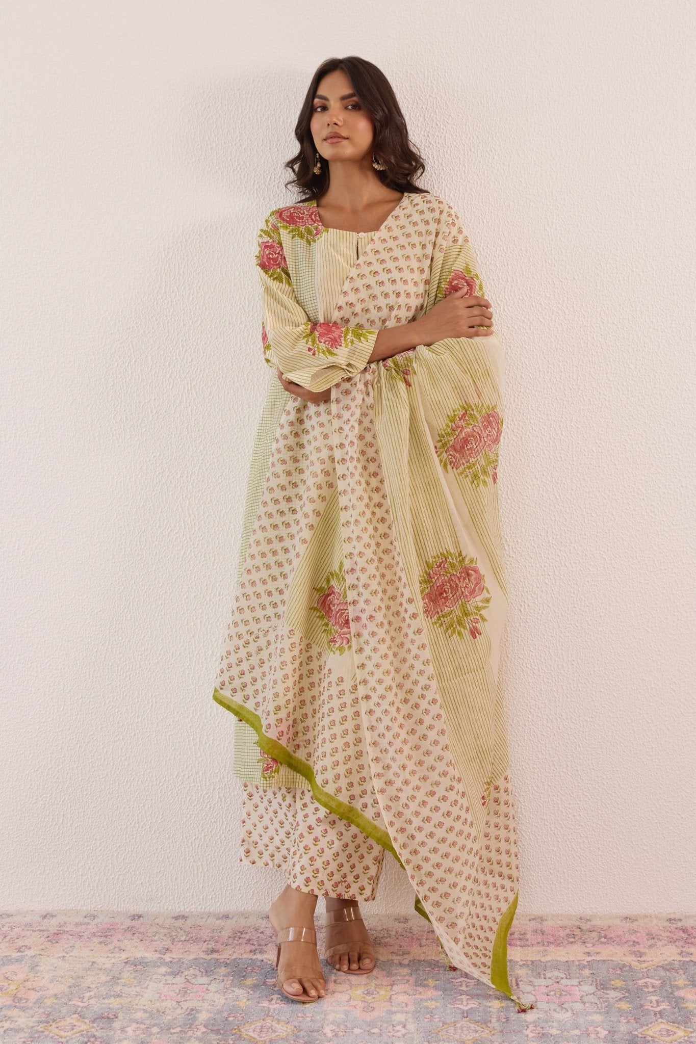 Pastel Green Hand Block Printed Chanderi Floral Kurta Set With Dupatta - Tara - C - Tara