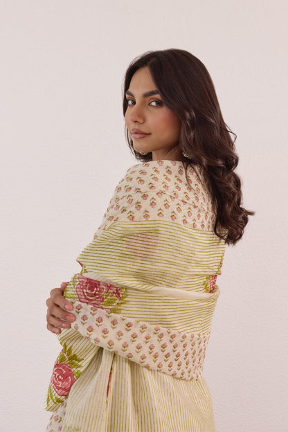 Pastel Green Hand Block Printed Chanderi Floral Kurta Set With Dupatta - Tara - C - Tara